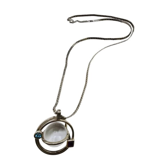 Vintage MCM Sterling & Glass Orb Saturn Pendant Necklace (A8671) - Picture 1 of 9